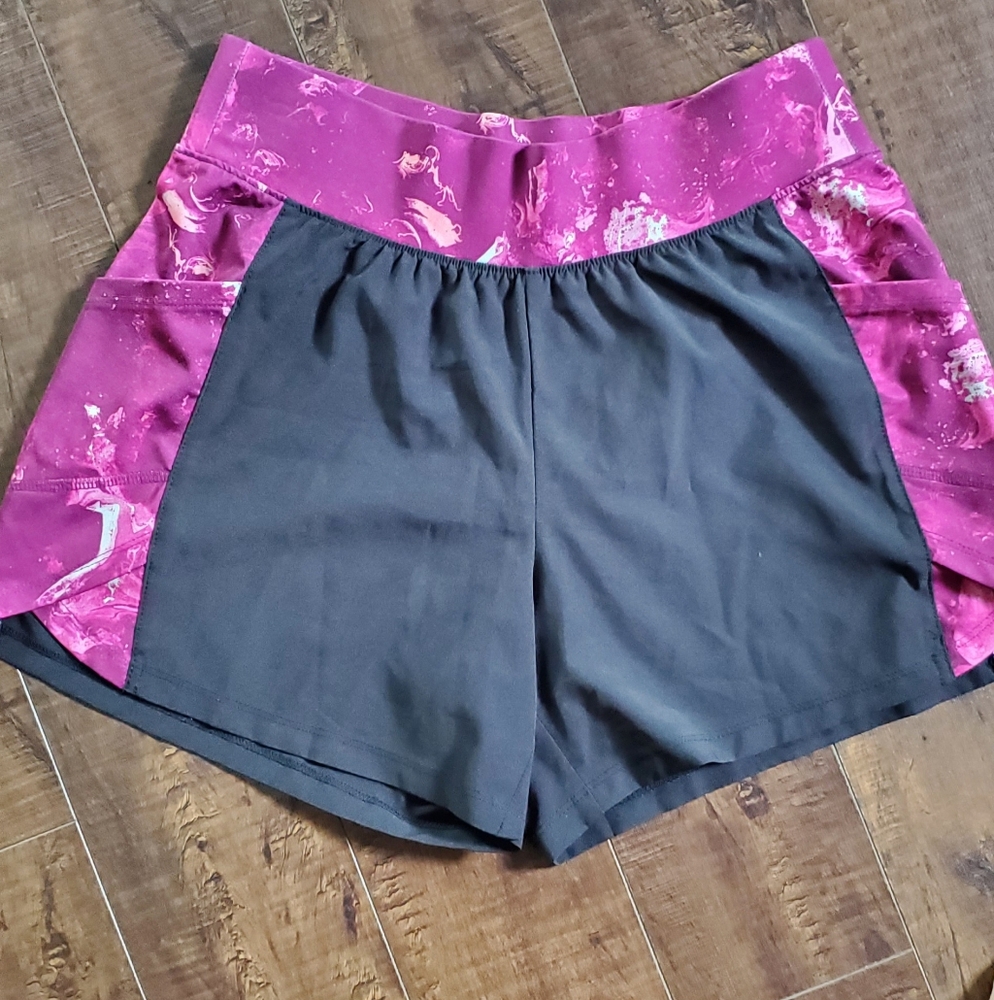 Women's Black and Purple With Swirl Design And Pockets  Athletic Shorts Size S